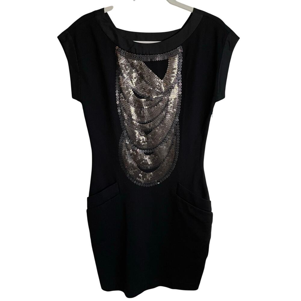 Ted Baker London Sequin Embellished Black Dress Sz 2 (US 6) Cap Sleeves Sheath